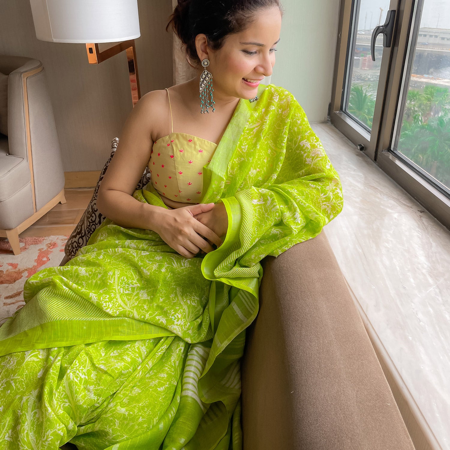 Lime Green Organic Linen Saree
