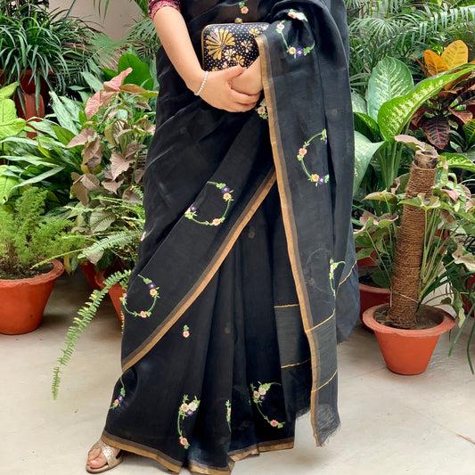Midnight Beauty Embroidered Linen Silk Saree