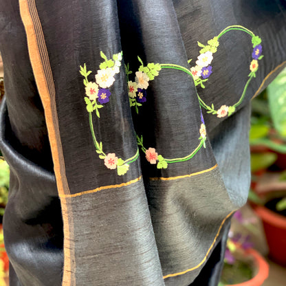 Midnight Beauty Embroidered Linen Silk Saree