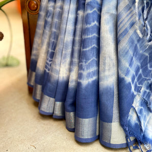 Ripples Indigo Shibori Cotton Linen Saree