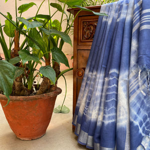 Ripples Indigo Shibori Cotton Linen Saree