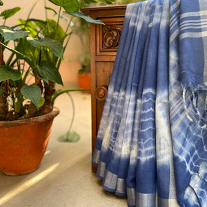 Ripples Indigo Shibori Cotton Linen Saree
