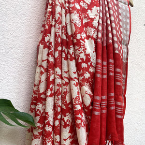 Red Organic Linen Saree_polka dot