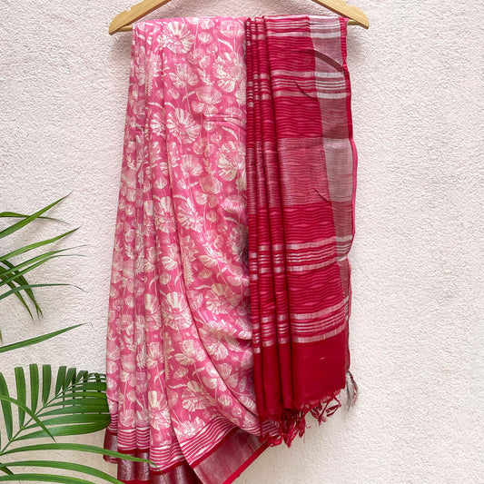 Strawberry Thief Poppies Organic Linen Saree