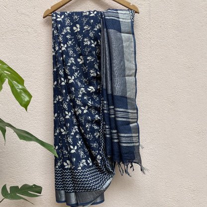 Indigo Blue Floral Print Saree