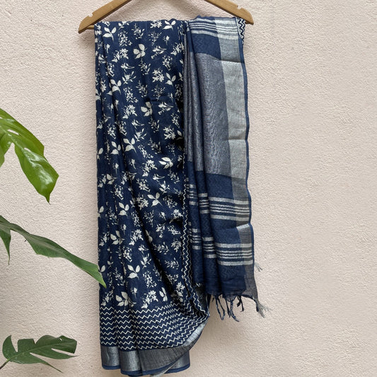Indigo Blue Floral Print Saree