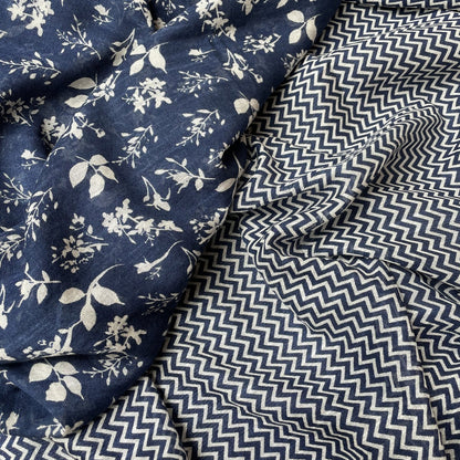 Indigo Blue Floral Print Saree_chevron blouse