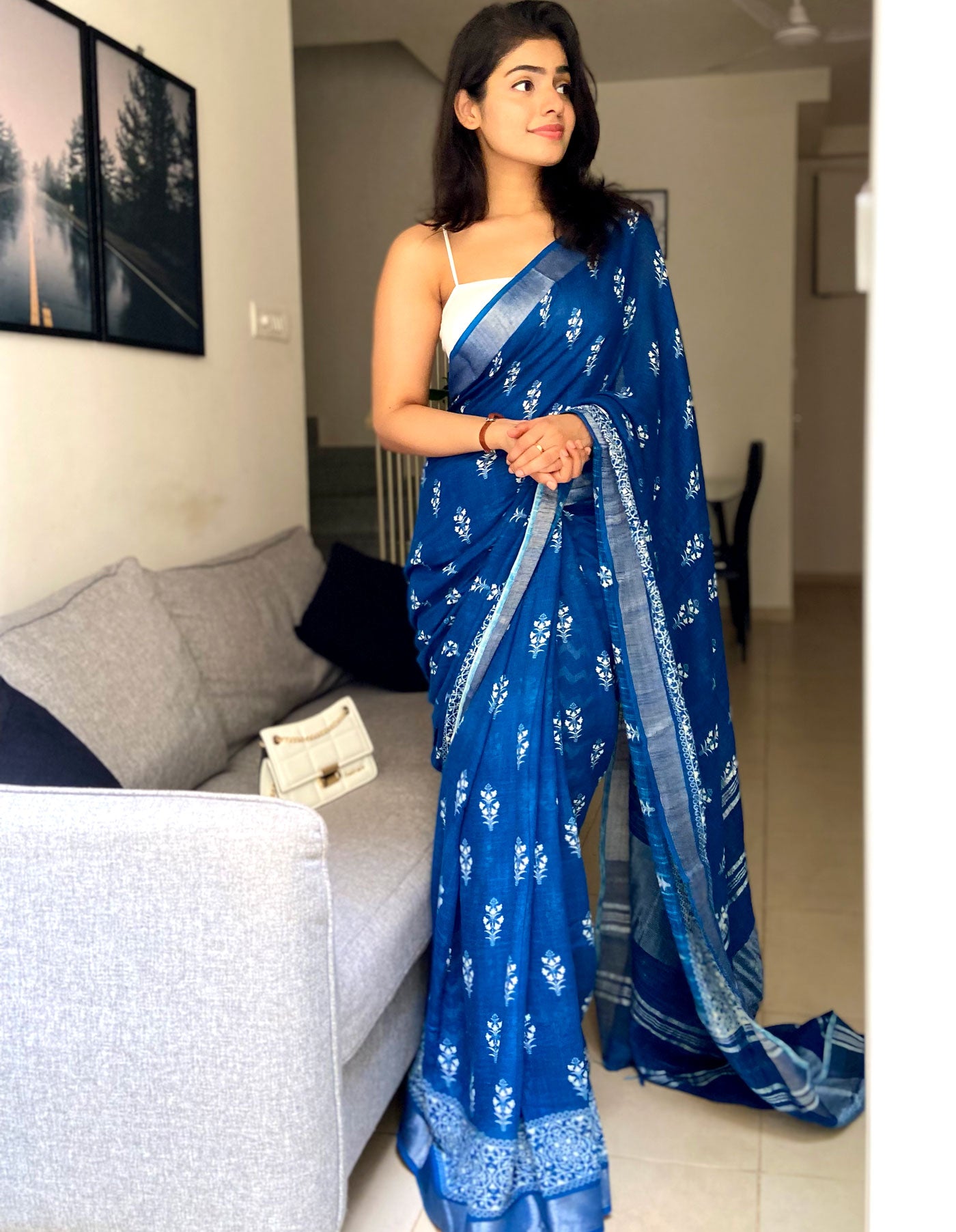 Turkish Blue Organic Linen Saree